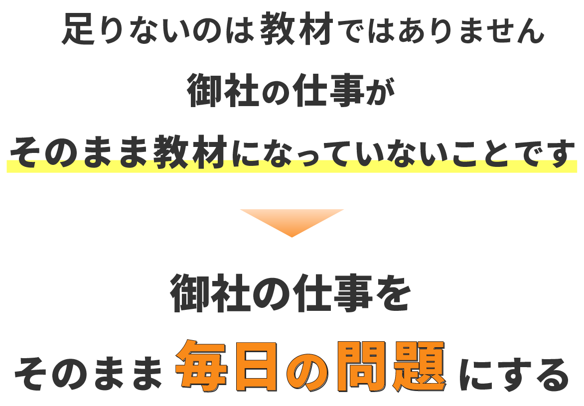 足りないのは教材ではありません。御社の仕事が、そのまま教材になっていないことです。御社の仕事を、そのまま毎日の問題にする。