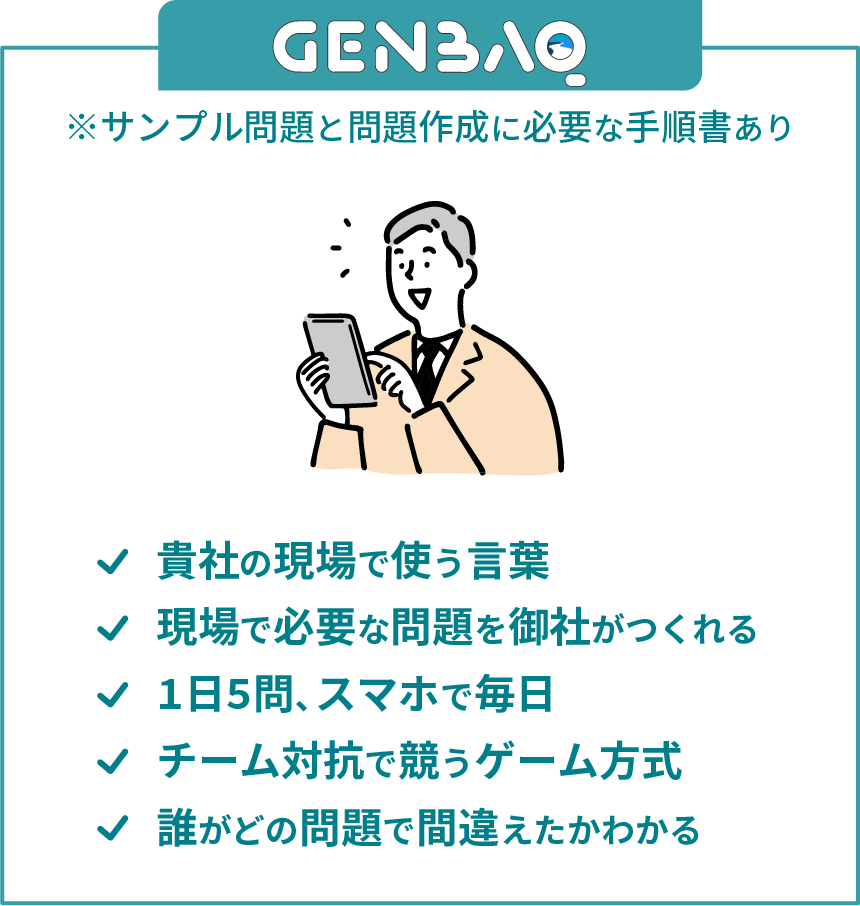 GENBAQ。サンプル問題と問題作成に必要な手順書あり。貴社の現場で使う言葉。現場で必要な問題を御社がつくれる。1日5問、スマホで毎日。チーム対抗で競うゲーム方式。誰がどの問題で間違えたかわかる。